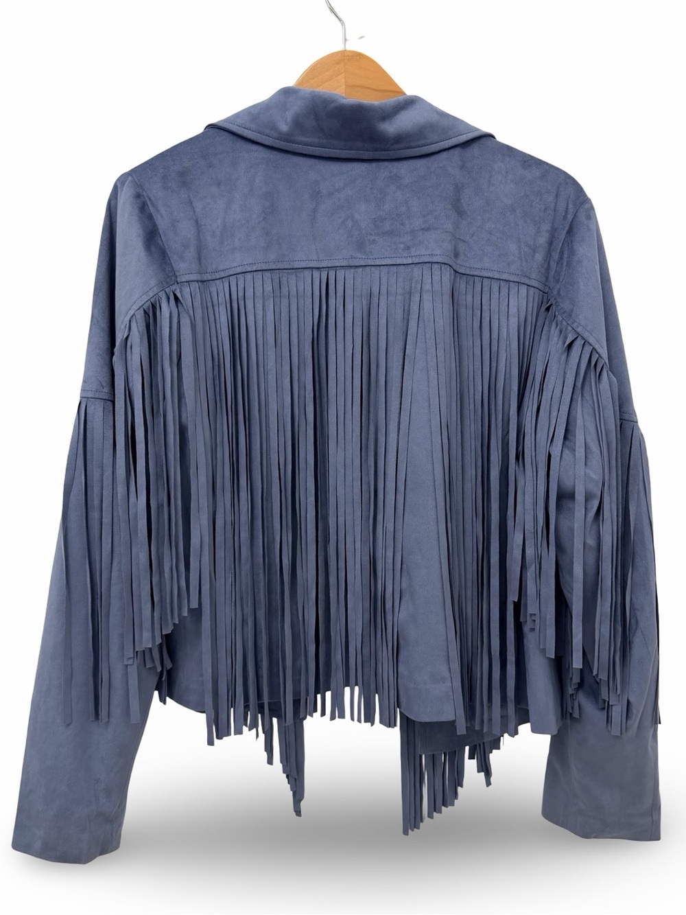 Savanna Jane Dusty Blue Suede Fringe Jacket for Women Size Medium - Picture 2 of 3